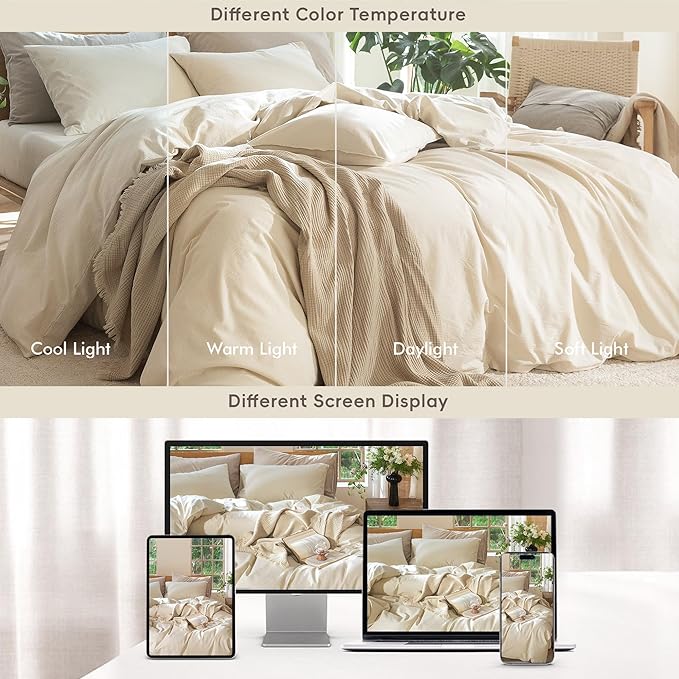 MooMee Bedding Duvet Cover Set 100% Washed Cotton Linen Like Textured Breathable Durable Soft Comfy (Heathered Almond Milk Grey, Oversized Full 82"x86")