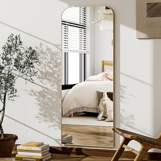 HARRITPURE 57"x20" Full Length Mirror, Gold Rounded Corner Aluminum Frame Standing Mirror, Hanging/Leaning Wall Floor Mirror with Stand for Living Room Bedroom Cloakroom