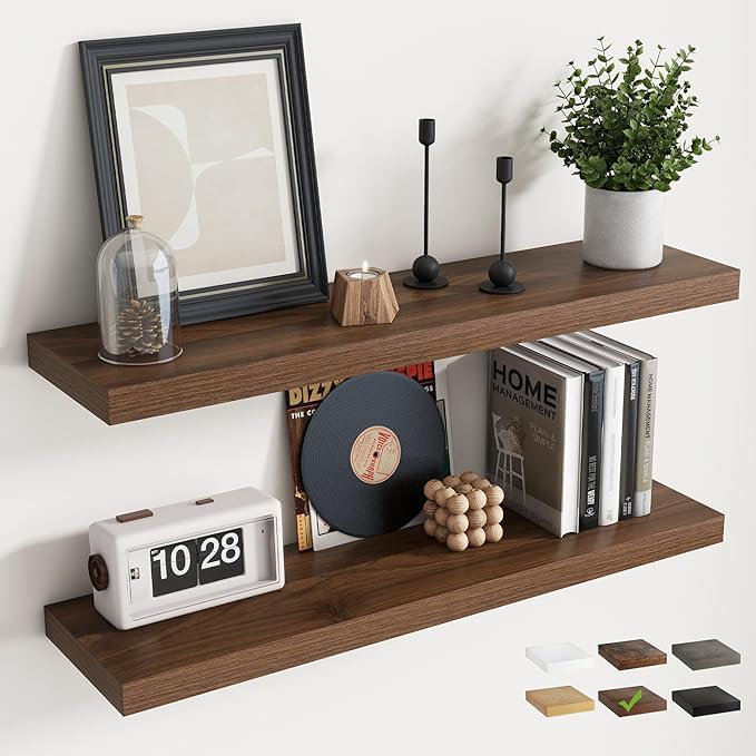 Floating Shelves for Wall with Invisible Brackets, Wall Mounted Engineered Wood Shelves with Wood Grain for Living Room, Bedroom, Bathroom, Kitchen Decor and Storage, Oak, 36"L Set of 2, Walnut