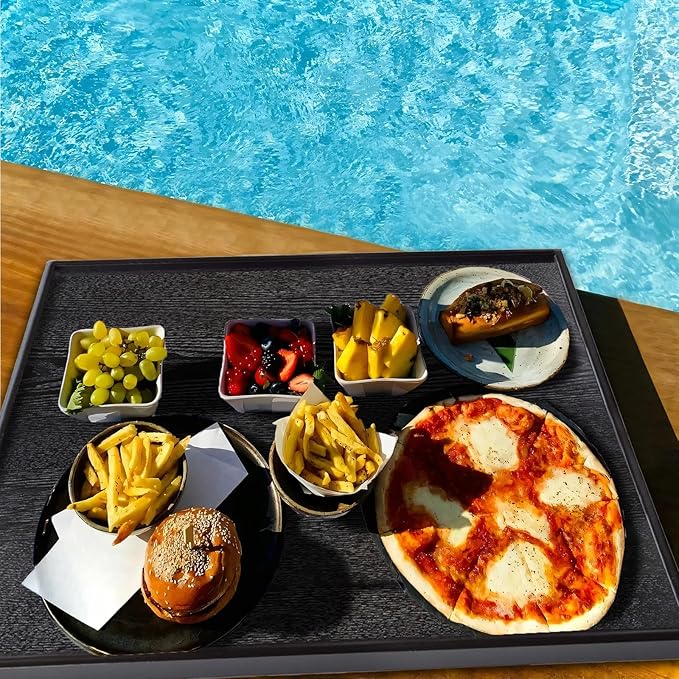 24 x 24 Inches Large Square Black Solid Wood Ottoman Tray, Serve Tea, Coffee or Breakfast in Bed, Classic Wooden Decorative Serving Tray with Raised Edges, Kitchen Party Bar Server Table Tray