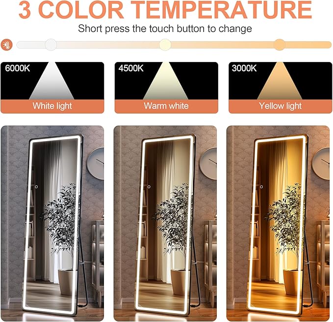 Full Length Mirror with Lights, 56" x 15.8" LED Lighted Floor Standing Body Mirror, Dimmable & 3 Color Lighting for Bedroom, Cloakroom, Dressing Room, Tempered Glass, Black