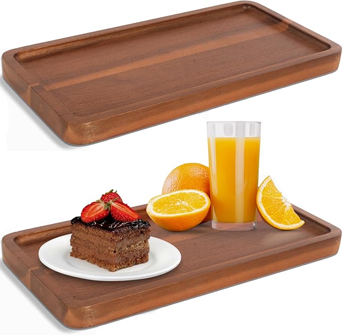 KOLWOVEN Solid Acacia Wood Serving Tray -2 Pack, 11.8" x 5.9" Rectangular Wooden Serving Platter, Wood Boards for Food, Mini Cheese Board for Vegetable, Charcuterie, Appetizer, Decor (Set 2)