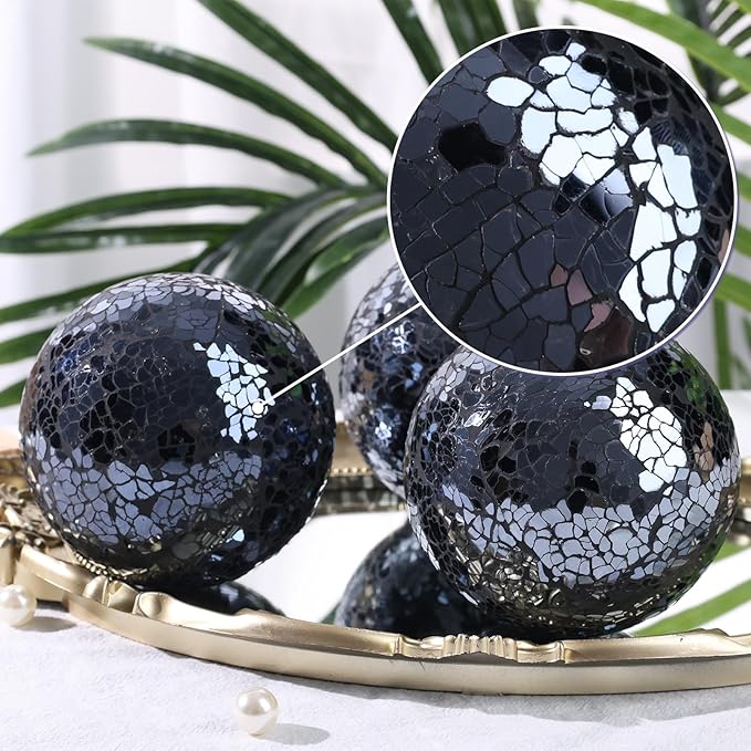 DomeStar 3PCS Decorative Balls for Bowls, 4 Inch Black Orbs Glass Balls for Centerpiece Bowls Mosaic Sphere for Home Decoration Dining Table