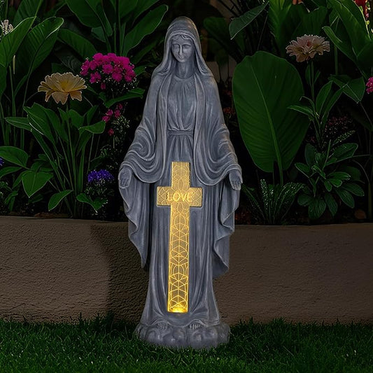 Solar Virgin Mary Praying Statue 27.9 Inch- Outdoor Religious Garden Decor with LED Lights, Weather-Resistant Magnesium Oxide Sculpture for Yard, Patio, Entryway （Gray Solar Virgin Mary）