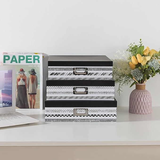 SLPR Nesting Decorative Storage Boxes With Lids for Home Decor - Set of 3: Black and White Photo Storage, Cardboard Document Boxes for Scrapbook, Keepsake, Memories