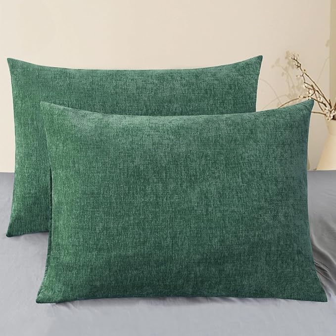 CaliTime Throw Pillow Covers Decorative 20 X 26 Inches Pack of 2 Cozy Chenille Standard Pillow Shams Cases for Couch Sofa Bed Living Room Home Dark Green