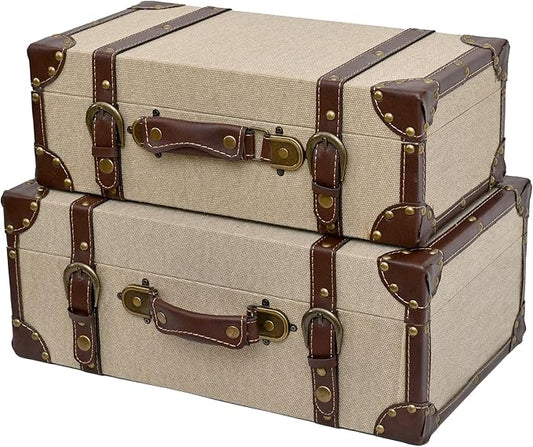 DDECOR4SEASON Set of 2 Decorative Vintage Storage Trunks, Natural Canvas Wrapped Wood Keepsake Boxes with Faux Leather Trim and Antique Accents, Stackable Nesting Chests for Home Décor