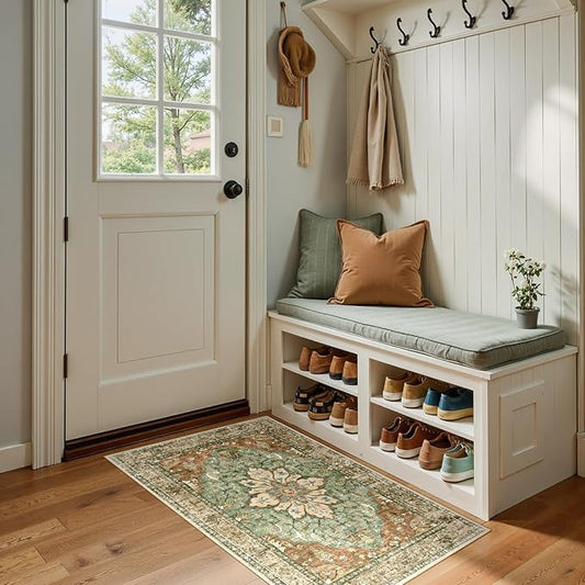 RELEANY Area Rugs 2'x4' Washable Non-Slip, Floral Vintage Distress Print Pattern Medallion Carpet for Living Room Bedroom Dining Room, Brick Red Rust Neutral Brown Burnt Orange Green