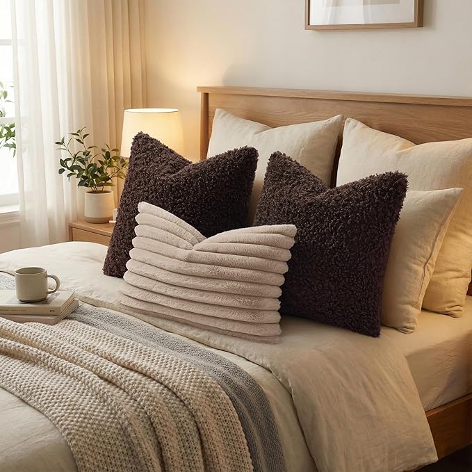 decorUhome Pack of 2 Throw Pillow Covers 22x22 Inch, Faux Fur Decorative Sherpa Pillow Covers Fuzzy Accent Soft Sheepskin Fleece Pillow Cases for Couch Living Room Bed, Chocolate