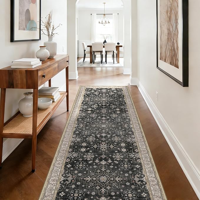 GENIMO 2'6‘’x8 Runner Rug,Machine Washable Non-Slip Vintage Rugs,Low Pile Lightweight Carpet for Bedroom,Hallway,Entryway,Kitchen,Bathroom,Black