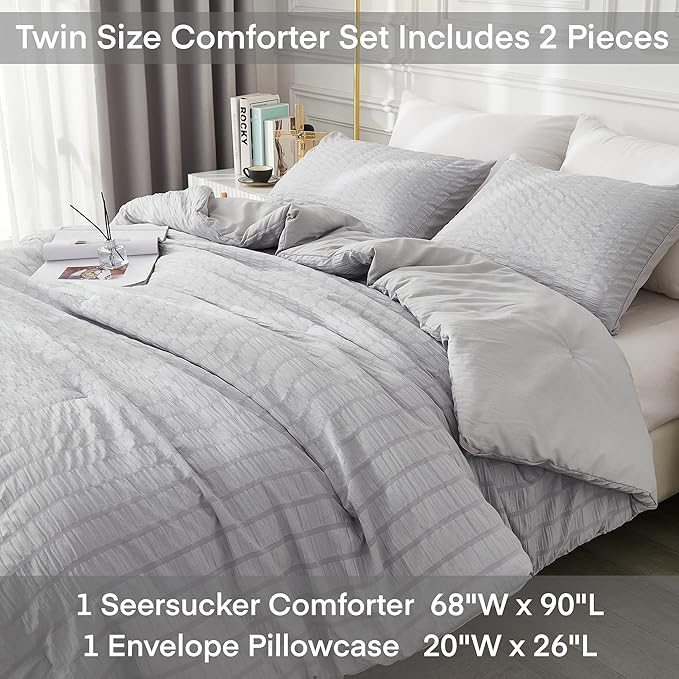 AveLom Light Gray Seersucker Twin/Twin XL Comforter Set (68x90 inches), 2 Pieces-100% Soft Microfiber Lightweight Comforter with 1 Pillowcase, All Season Down Alternative Comforter Set for Bedding