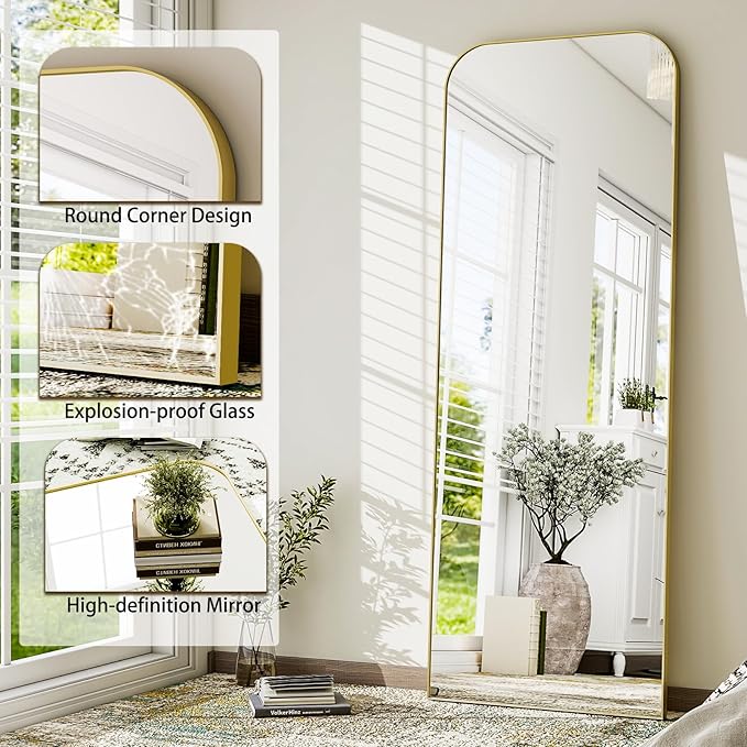 HARRITPURE 57"x20" Full Length Mirror, Gold Rounded Corner Aluminum Frame Standing Mirror, Hanging/Leaning Wall Floor Mirror with Stand for Living Room Bedroom Cloakroom
