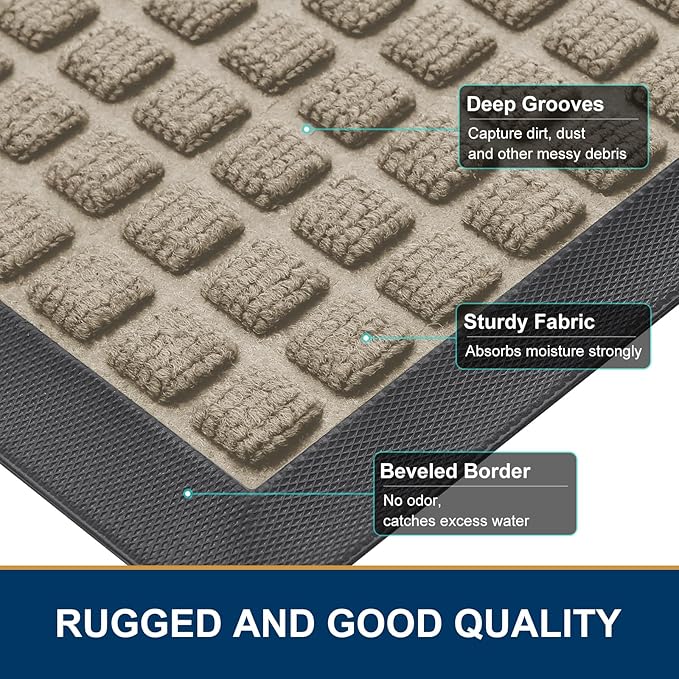 Smiry Front Door Mat Outside Entrance, Heavy Duty Natural Rubber Doormat, Non Slip, Trap Dirt and Moisture, Easy Clean, Low Profile Welcome Floor Mats for Indoor Outdoor Entry, 29.5x17 Inch, Beige