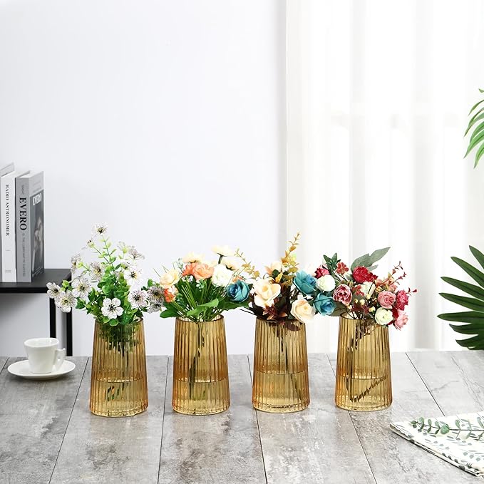 Amber Glass Vases Set of 4, Small Vases for Flowers, Flower Vase for Bouquet, Modern Ribbed Glass Vase for Living Room, Bedroom, Dining Table, Office, Wedding, Centerpieces
