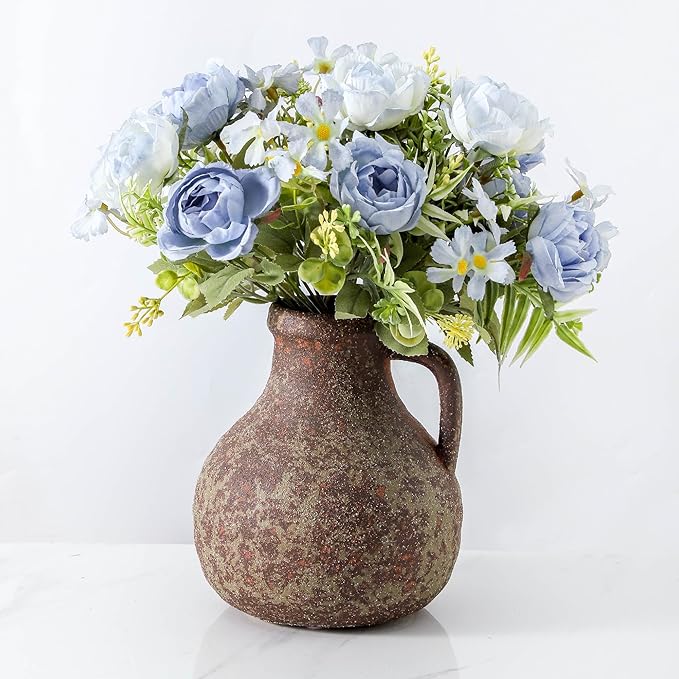Ceramic Flower Rustic Vase, 7 inch Farmhouse Rusty Vases for Home Decor Handcrafted Pottery Vase Small Terracotta Vases for Dining Table Decor Fireplace Living Room Bathroom Wedding Centerpiece