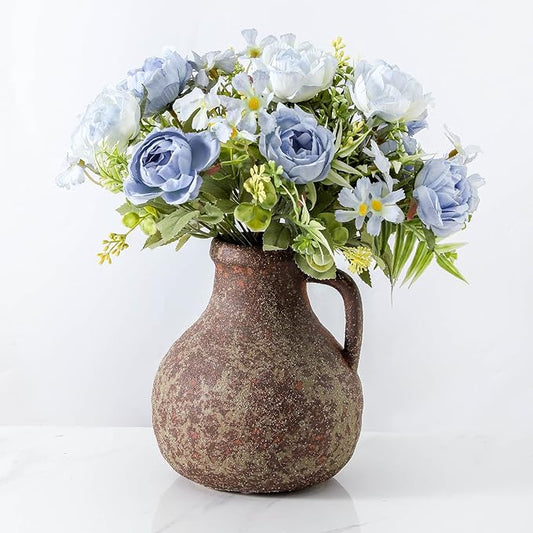 Ceramic Flower Rustic Vase, 7 inch Farmhouse Rusty Vases for Home Decor Handcrafted Pottery Vase Small Terracotta Vases for Dining Table Decor Fireplace Living Room Bathroom Wedding Centerpiece