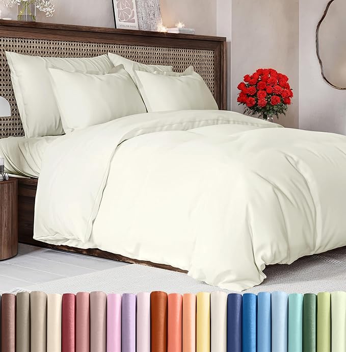 Duvet Cover Full Size Set - Extra Soft Full Size Duvet Cover 80 x 90 with 2 Pillow Shams - Hotel Luxury Quality Easy Care and Fade Free w/Zipper Closures & Ties - Comfy Breathable Bedding Set (Ivory)