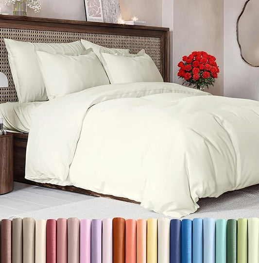 Duvet Cover Cal King Size Set - Extra Soft Cal King Size Duvet Cover 104 x 98 with 2 Pillow Shams - Hotel Luxury Easy Care & Fade Free w/Zipper Closures & Ties - Comfy Breathable Bedding Set (Ivory)