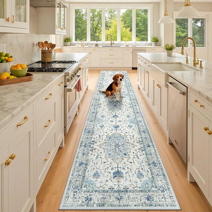 RELEANY Area Rugs 2'x10' Washable Non-Slip, Floral Vintage Distress Print Pattern Medallion Carpet for Living Room Bedroom Dining Room, Light Blue Navy Beige Gray White