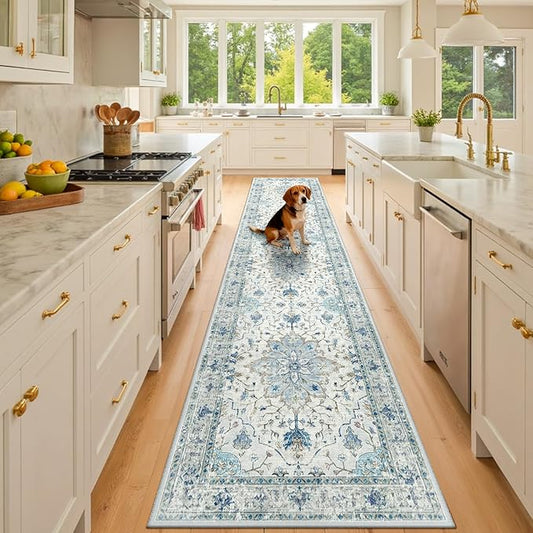 RELEANY Area Rugs 2'x10' Washable Non-Slip, Floral Vintage Distress Print Pattern Medallion Carpet for Living Room Bedroom Dining Room, Light Blue Navy Beige Gray White