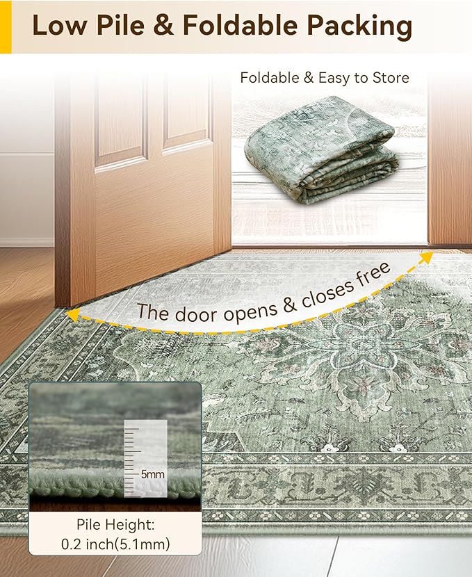 RELEANY Area Rugs 2'x5' Washable Non-Slip, Floral Vintage Distress Print Pattern Medallion Carpet for Living Room Bedroom Dining Room, Dark Green Gray
