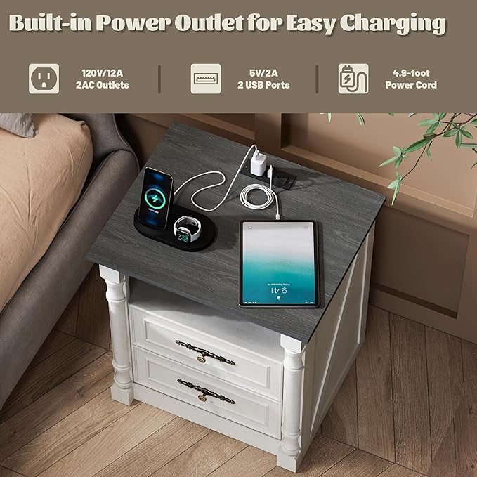 Farmhouse Nightstand with Charging Station and 2 Storage Drawers, 22" Wide Wood Vintage Night Stand with Charger and Roman Column, Rustic End Table, Bedside Table for Bedroom, Antique White