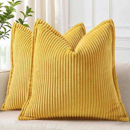 decorUhome Spring Corduroy Mustard Yellow Euro Sham Throw Pillow Covers 24x24 Set of 2 Decorative Soft Boho Farmhouse Couch Pillow Covers for Living Room Bed Sofa Broadside Striped Pillow Cases