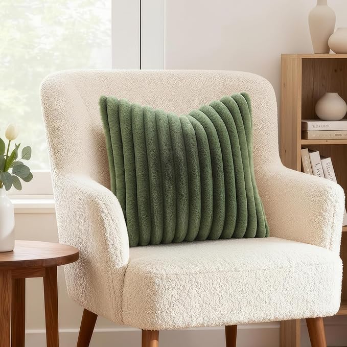 decorUhome Faux Fur Throw Pillow Covers 18x18 Set of 2, Decorative Soft Plush Striped Neutral Couch Euro Pillow Covers with Velvet Back for Sofa, Bed, Living Room Home Decor, Olive Green