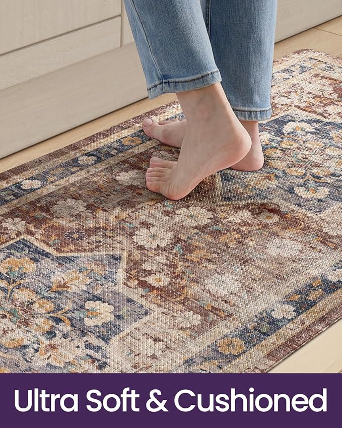 DEXI Kitchen Floor Mats Anti Fatigue, 17x59 Cushioned Vintage Runner Rug Waterproof, Standing Comfort Memory Foam Padded for Front Sink Laundry Office, Reddish Brown