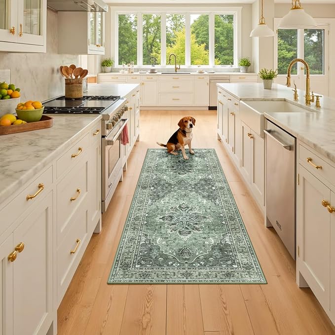 RELEANY Area Rugs 2'x6' Washable Non-Slip, Floral Vintage Distress Print Pattern Medallion Carpet for Living Room Bedroom Dining Room, Dark Green Gray