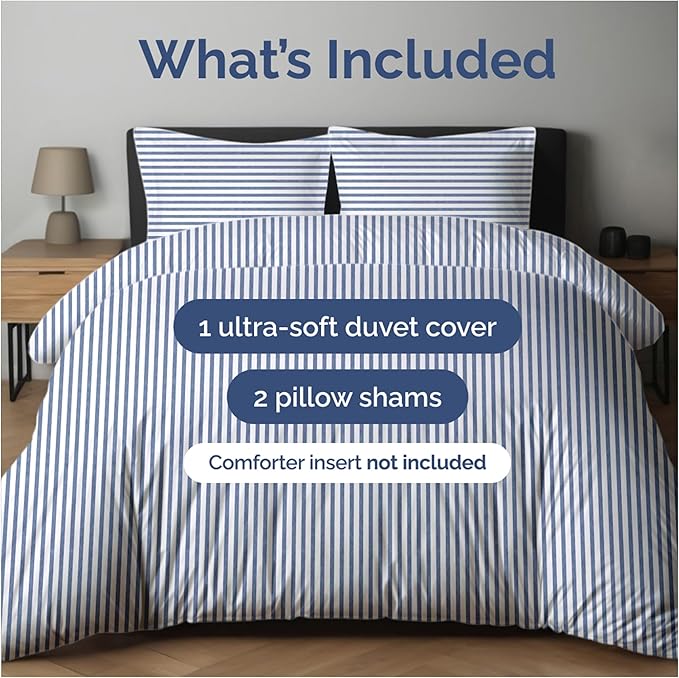 Duvet Cover Full Size Set - Extra Soft Full Size Duvet Cover 80 x 90 with 2 Pillow Shams - Hotel Luxury Easy Care and Fade Free w/Zipper Closures & Ties - Comfy Breathable Bedding Set (Blue Stripes)