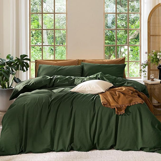 MooMee Bedding Duvet Cover Set 100% Washed Cotton Linen Like Textured Breathable Durable Soft Comfy (Solid Forest Green, Queen 90"x90")
