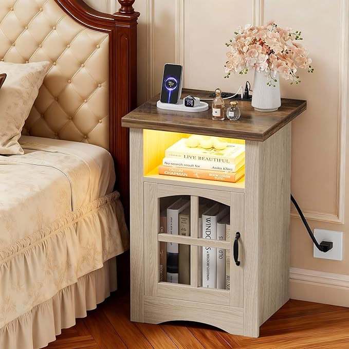 JUMMICO End Table with Charging Station and LED Open Shelf & Glass Door Cabinet, Farmhouse Nightstand with 20W Fast Charge, Side Table for Living Room (1,Light Oak & Brown)
