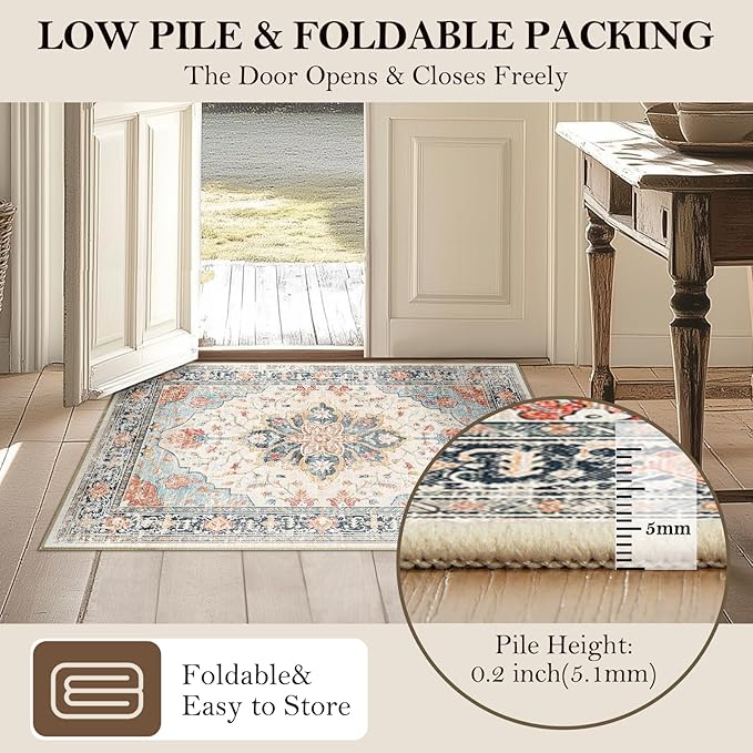 RELEANY Area Rugs Square 4ft Washable Non-Slip, Floral Vintage Distress Print Pattern Medallion Carpet for Living Room Bedroom Dining Room, Beige Navy Blue Orange Colorful