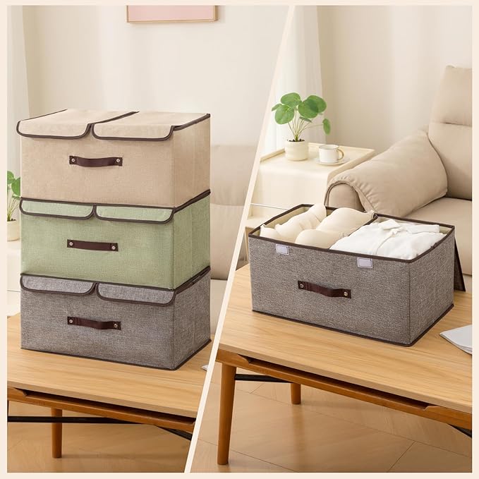 Linen Storage Boxes with Removable Dividers, 2-Pack Large Foldable Organizer Bins, Gray Fabric Containers with Handles for Clothes, Blankets, Underwear Storage (Beige, 2Pack*37.5L)