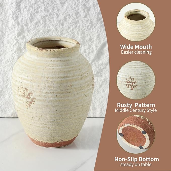 Ceramic Decorative Flower Vase 7 Inch Pottery Rustic Farmhouse Boho Terracotta Vase for Home Decor, Table, Living Room, Bathroom, Shelf, Mantel Decoration