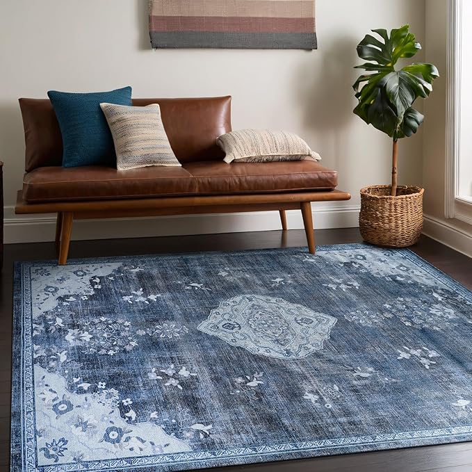 Beverly Rug Non Slip Rugs 8x10 Boho Medallion Floral Non Skid Rubber Backing Easy Silk Soft Area Rug for Living Room Easy to Clean Non Shedding Kitchen Bedroom Indoor Carpet (8 x 10 Blue - Gray)