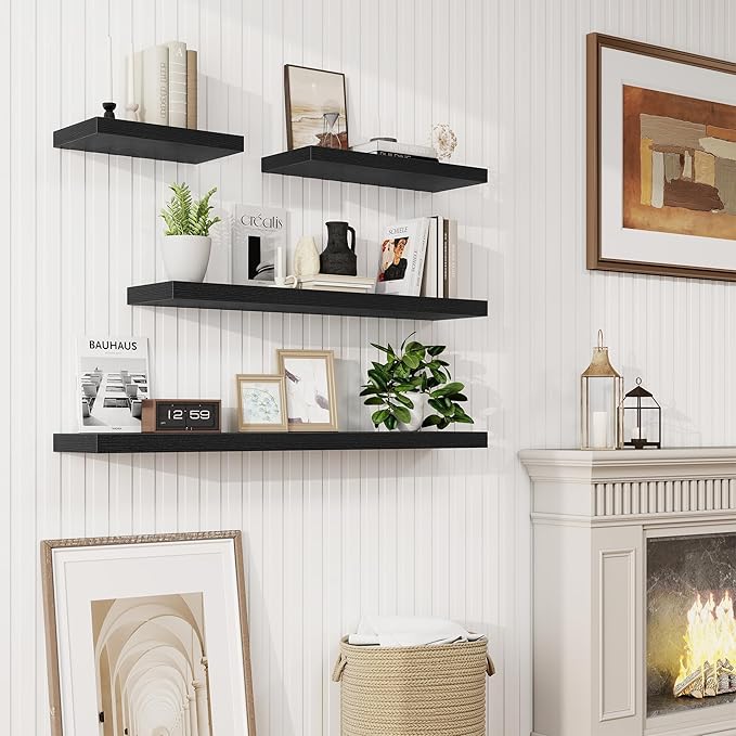 55in Floating Shelves for Wall, 55"W x 9.25"D x 1.5"H, Long Wall Mounted Engineered Wood Shelves with Invisible Brackets for Living Room, Bedroom, Bathroom, Kitchen Decor and Storage, Black