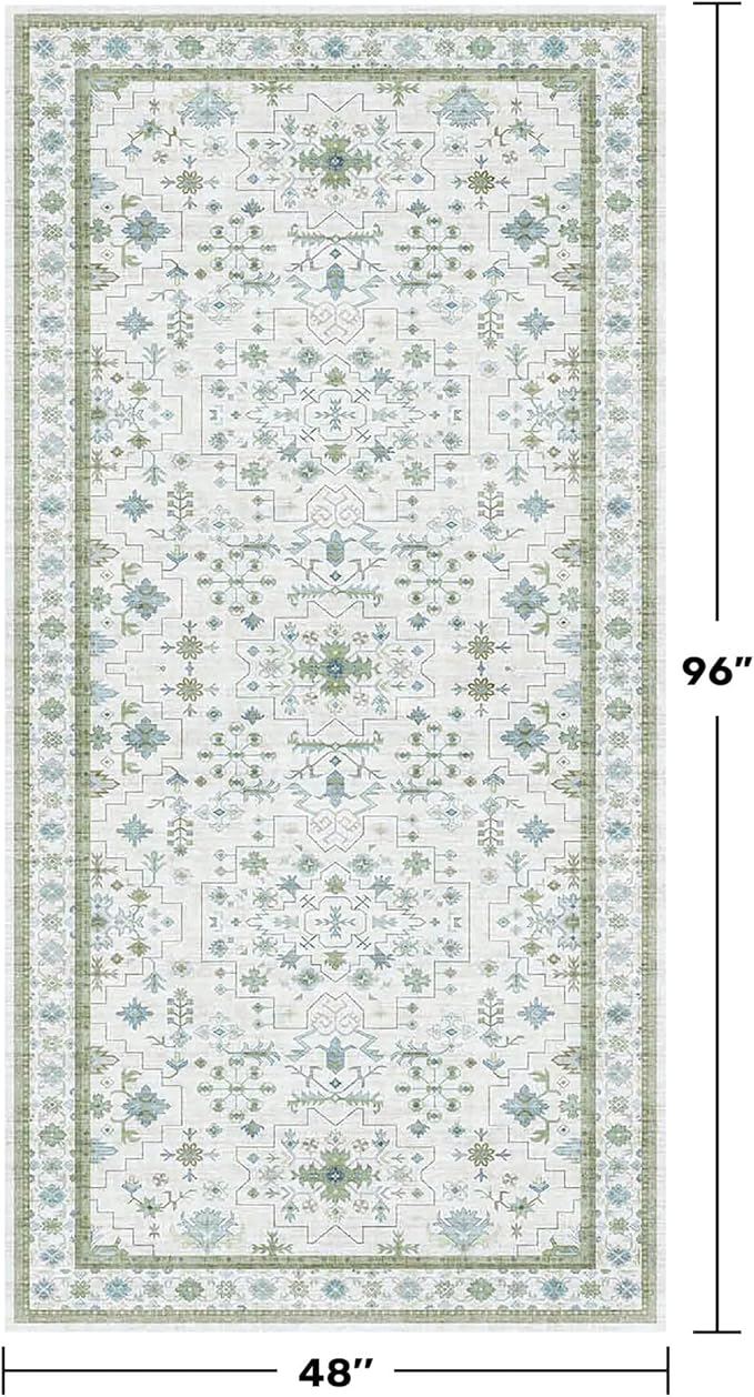 Hazo Haus Blue and Green Washable Rugs for Living Room - 4x8 Vintage Boho Floral Pastel Cream, Washable Low Pile Non Slip Area Rug for Bedroom Beside Bed, Door Mat Indoor Entrance, Kitchen, Decor