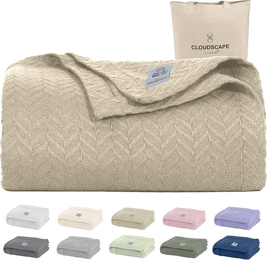 Cloud Scape Linen 100% Cotton Blanket Twin 68x92 Fog - Cozy Herringbone Weave, Fits Up to Twin XL Size Beds, Breathable Softness, All-Season Warmth, Winter Blanket, Bedding Gift Choice