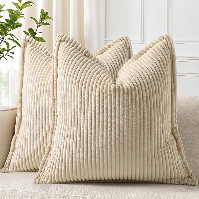 decorUhome Spring Corduroy Beige Throw Pillow Covers 18x18 Set of 2 Decorative Soft Boho Farmhouse Couch Pillow Covers for Living Room Bed Sofa Broadside Striped Pillow Cases