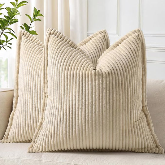 decorUhome Spring Corduroy Beige Throw Pillow Covers 18x18 Set of 2 Decorative Soft Boho Farmhouse Couch Pillow Covers for Living Room Bed Sofa Broadside Striped Pillow Cases