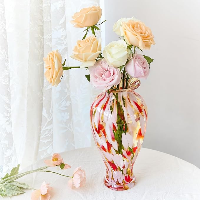 QFkris Hand Blown Glass Vase for Flowers, 12 Inch Tall Crystal Flower Vases for Bouquet Home Decor Decorative Centerpieces, Unique Galentines Day Gift, Valentine's Day Gift for Her Lover Girlfriend