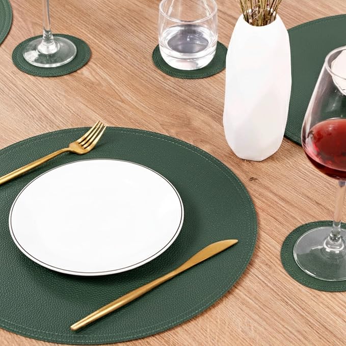 Set of 8 Faux Leather Round Placemats and Coasters, Disko Table Mats and Drink Spills Coasters, Easy to Clean, Double Stitched for Kitchen Dining Table, Diameter 13'' and 3.9''