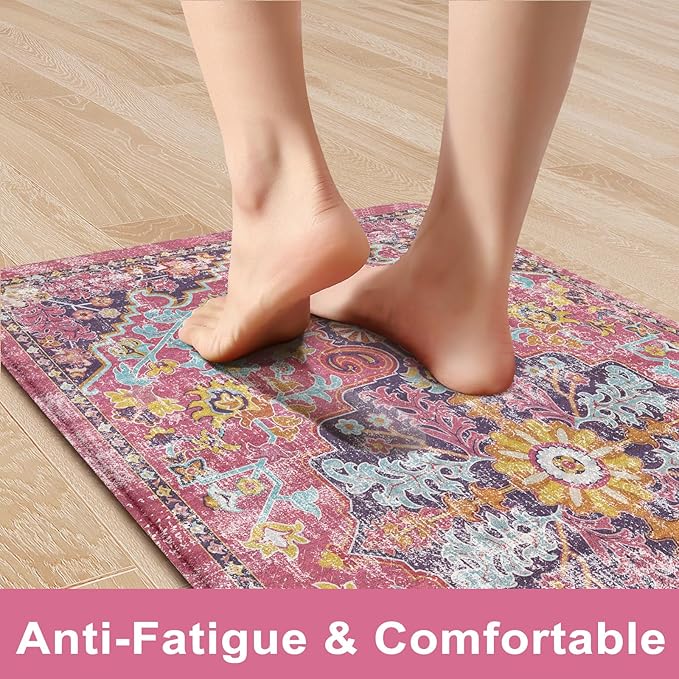 KIMODE Anti Fatigue Kitchen Mat, Cushioned Boho Kitchen Rugs Sets of 2, Non Slip Farmhouse Kitchen Mat for Floor, Waterproof Standing Desk Mat for Laundry, Office, Sink Fuchsia/Multi 17"x59"+17"x29"
