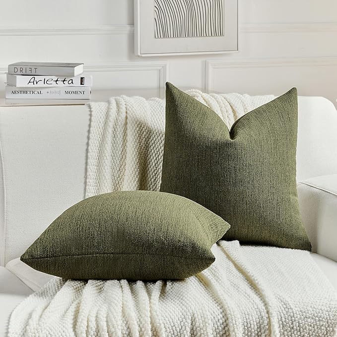 FUTEI Moss Green Chenille Decorative Throw Pillow Covers 20x20 Inch Set of 2,Soft Cozy Faux Linen Textured Cushion Case,Farmhouse Home Decor for Couch Living Room