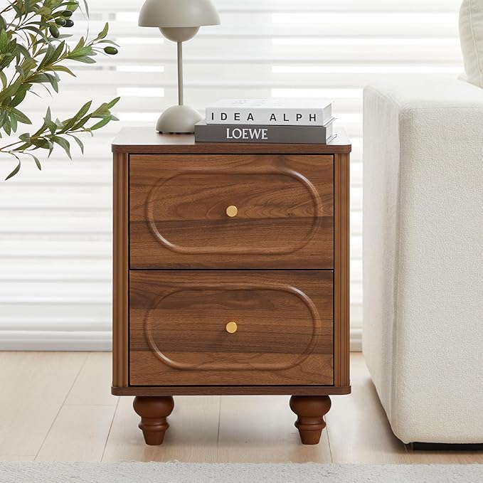 2 Drawer Fluted Nightstand, Mid Century Modern Farmhouse Night Stand Small End Table Bedside Table for Bedroom, Living Room, Walnut