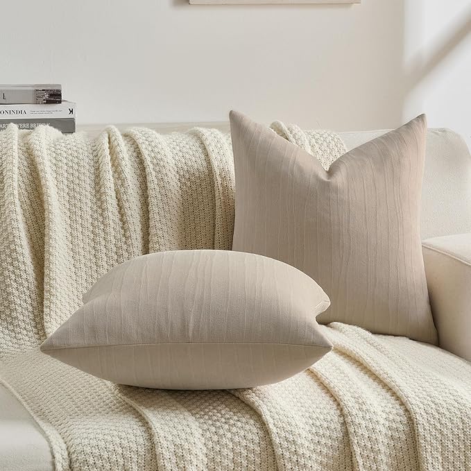 FUTEI Beige Chenille Decorative Throw Pillow Covers 16x16 Inch Set of 2,Soft Crushed Striped Texture Cushion Case,Modern Home Decor for Couch Bed Living Room