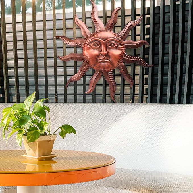 VCUTEKA 27" Sun Metal Wall Art Outdoor Decor Moon Wall Decoration Metal Wall Sculpture Hanging Garden Wall Art Wall Sculpture for Indoor Outdoor Patio Fence Decoration Brown