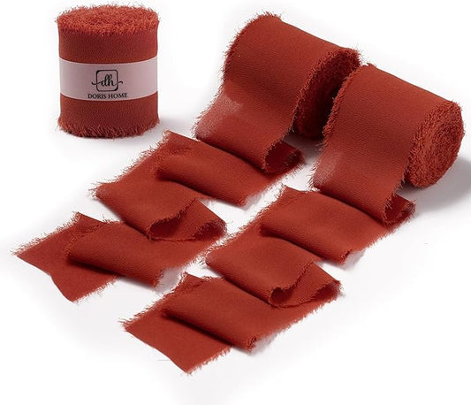 DORIS HOME Terracotta Chiffon Ribbon for Flower Bouquet, 2" x21Yd Fabric Ribbon for Gift Wrapping, Handmade Frayed Ribbon for Wedding, Chiffon Silk Ribbon for Christmas Decorations